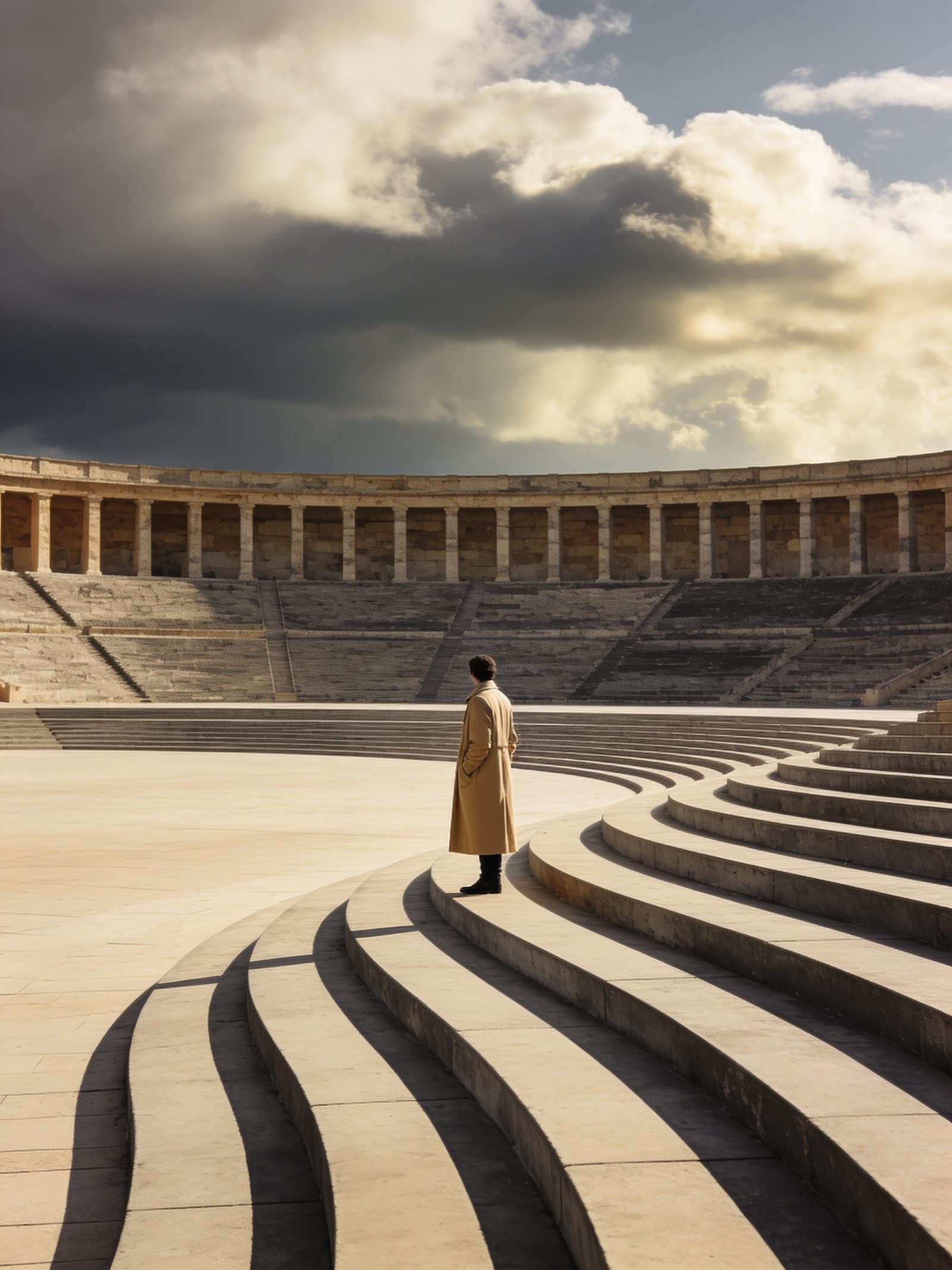 Lone figure on monumental concrete steps